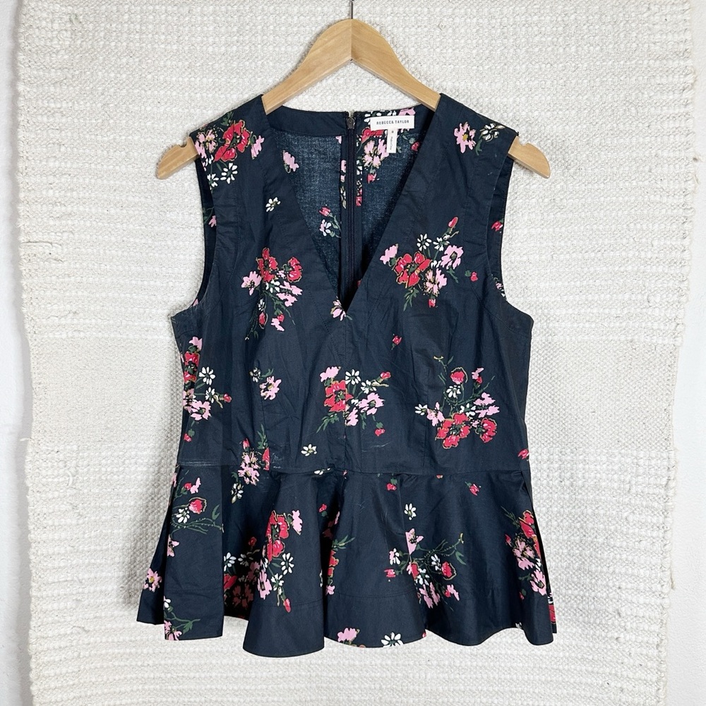 REBECCA TAYLOR black floral cotton poplin Marguerite sleeveless peplum top 8